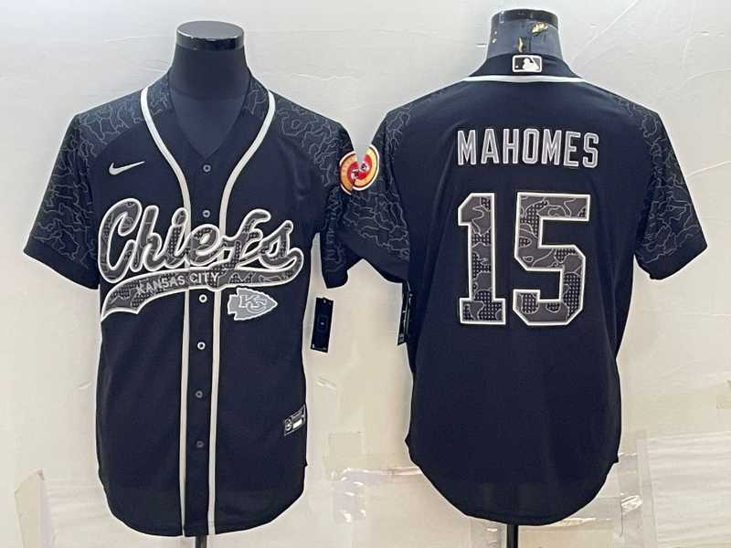 Men%27s Kansas City Chiefs #15 Patrick Mahomes Black Reflective With Patch Cool Base Stitched Baseball Jersey